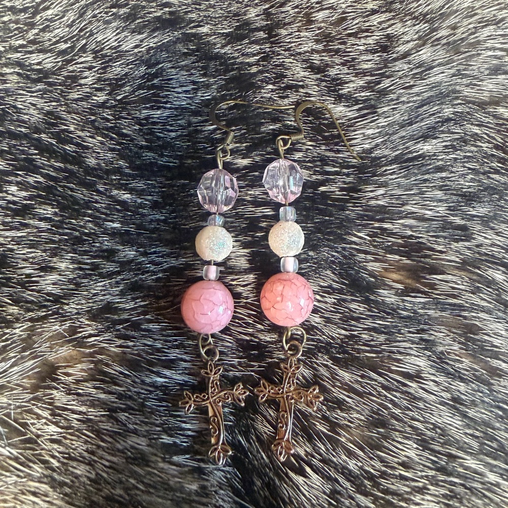 Pink Beaded Cross Earrings